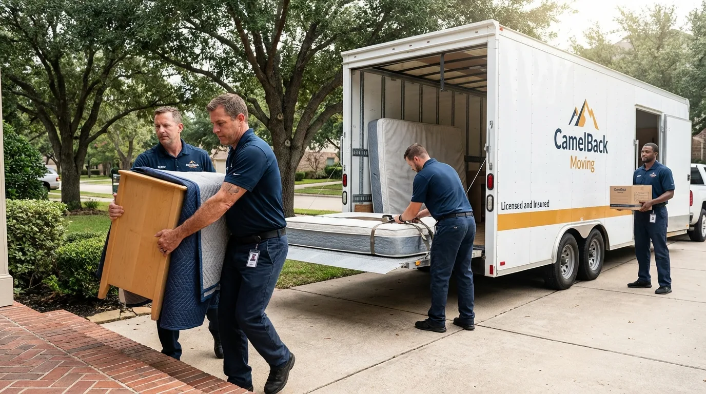 Crew loading residential truck for cross-state move from Shasta Lake, CA