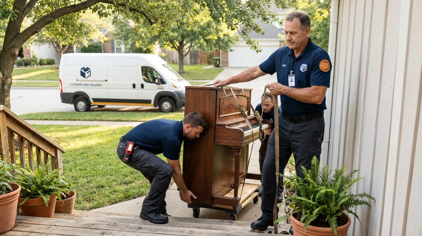 Licensed piano movers securing grand piano in Shasta Lake, CA