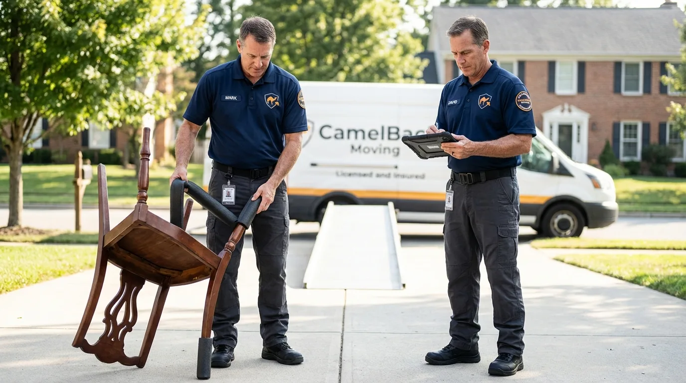Movers inspecting furniture for damage prevention before loading in Shasta Lake, CA