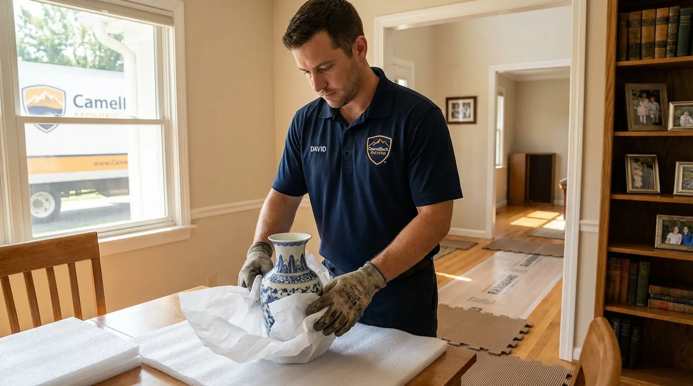 Professional crew carefully wrapping antique vase for senior downsizing move in Shasta Lake, CA